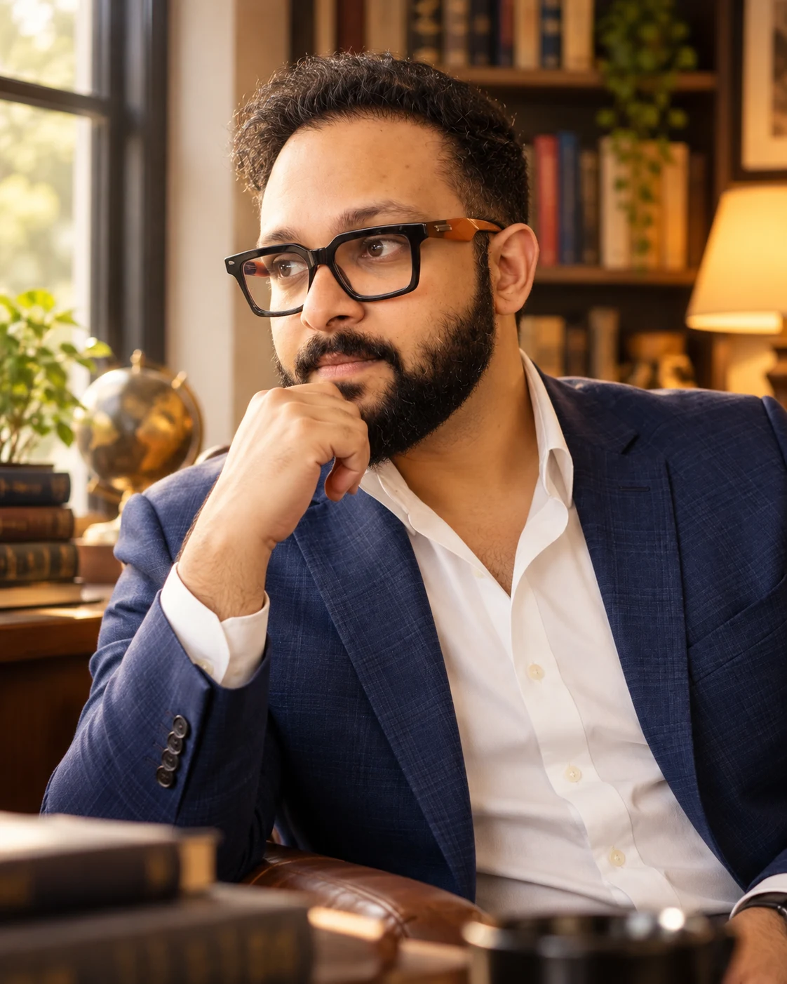 Kaustav Mukherjee reflecting beside a library window